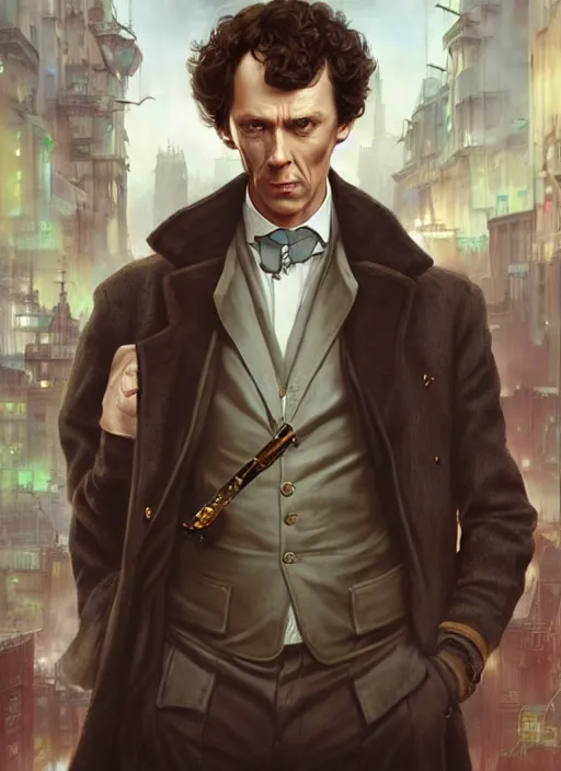 Prompt: sherlock holmes in a futuristic city street, soft colours, detailed, digital art, hd, by tom bagshaw, by fintan magee, by raymond swanland