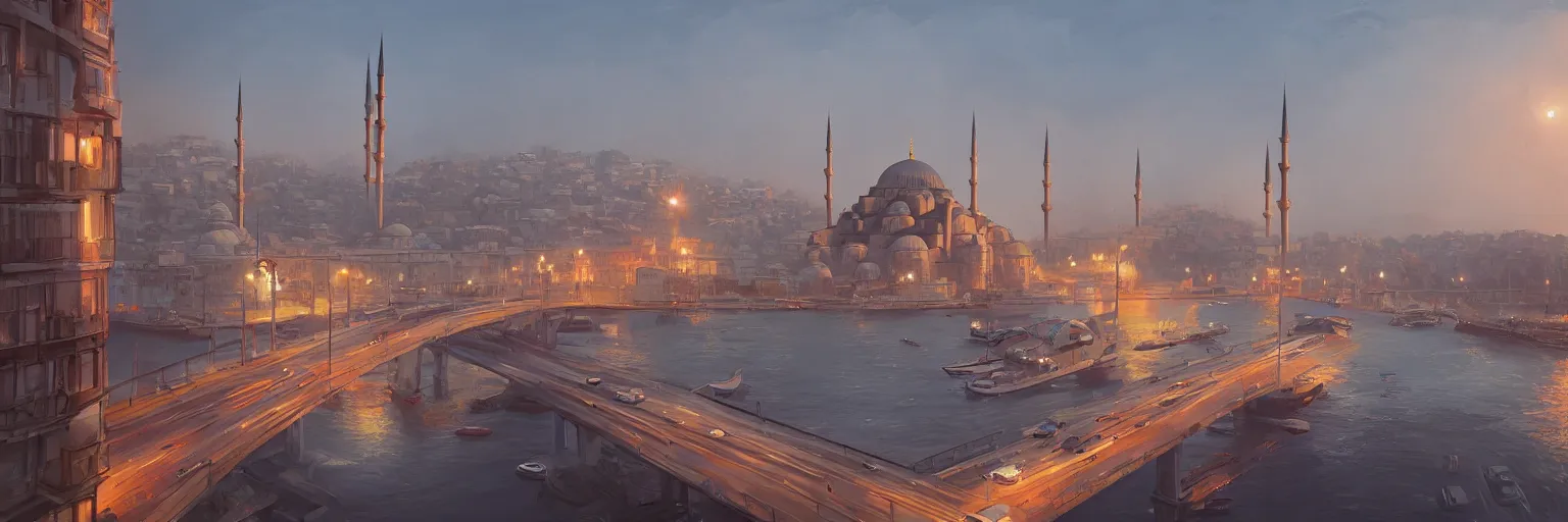 Image similar to a cinematic scene from istanbul bridge, concept art by nick ford and sylvain sarrailh,