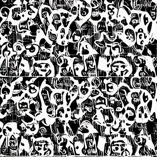 Prompt: abstract black and white stochastic equations showing human faces (psychedelic), showing happiness and sadness