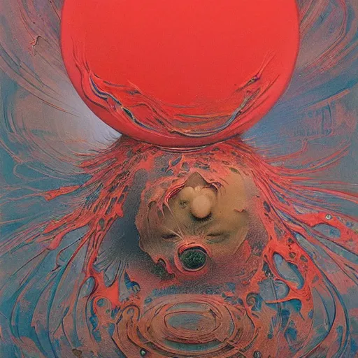 Image similar to a sphere being devoured by abstract splatters of paint in the style of francis bacon, venus being engulfed in flames in the style of james jean, surreal, beksinski, high detailed