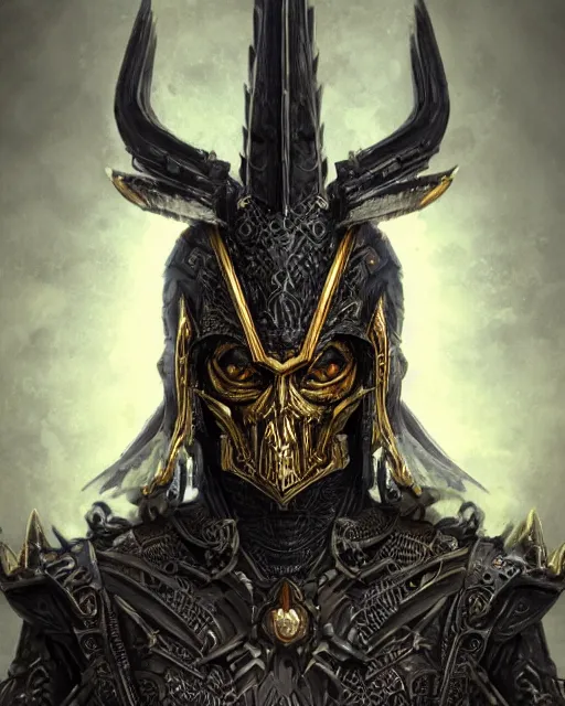 Image similar to a highly detailed portrait of ankou the evil lord staring with anger and wearing ornate armor made of sci fi panels and a gold death mask, death and corruption, smooth, intricate, sinister, evil energy, souls of the dead, dark aura, matte painting, artstation, evild ark color scheme, dark fantasy sci fi, sharp focus, cgsociety