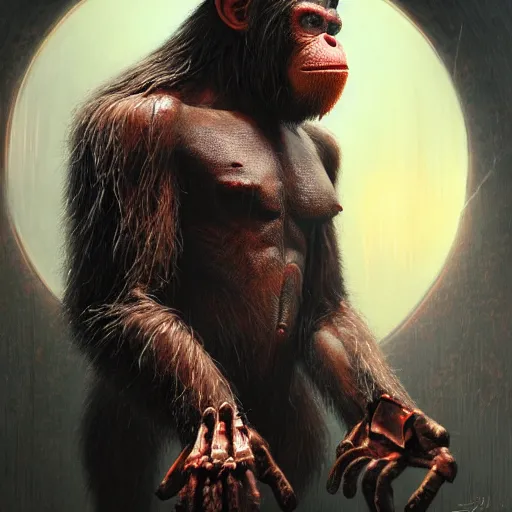 Image similar to a biomechanical cyborg ape from planet of the apes, with 1 red glowing eye sitting on a throe of human bones, hero character art, scars, by chris leib and greg rutkowski and android jones in a dark fantasy cyberpunk style, oil on canvas, volumetric lighting, godrays, 8k, hd.