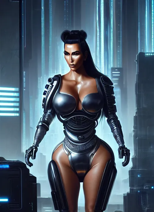 Image similar to kim kardashian as a weaponized cyborg, cyberpunk, intricate wirings, highly detailed, sci - fi, octane render, 8 k, sharp focus, smooth, beautiful and graceful, art by artgerm, greg rutkowski, tian zi, soey milk,