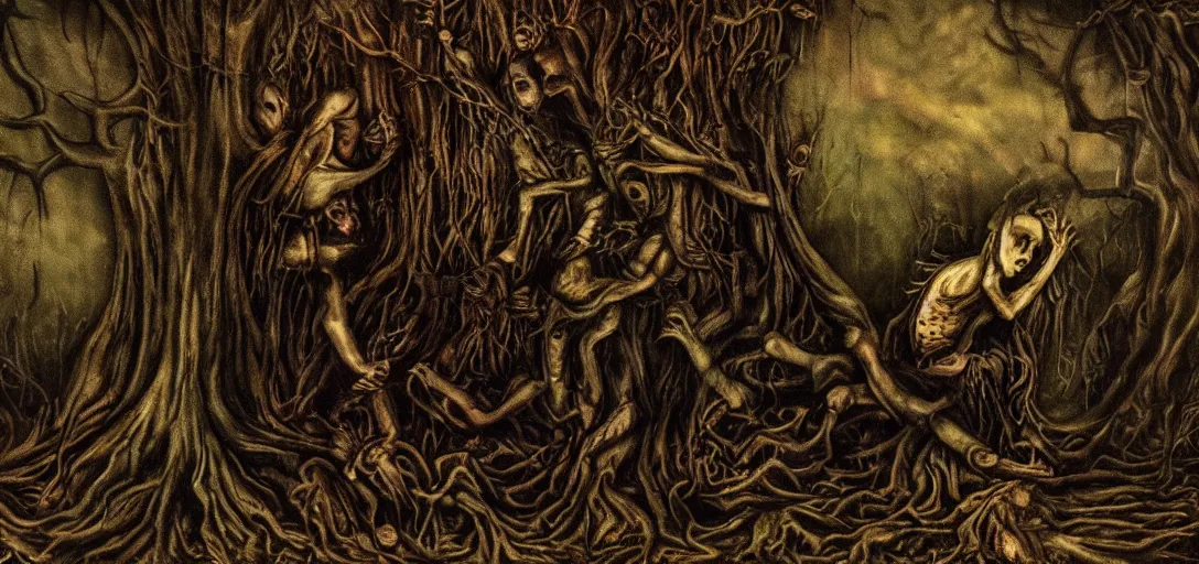 Image similar to A horror painting of a dark fantasy forest, pain, agony, sorrow