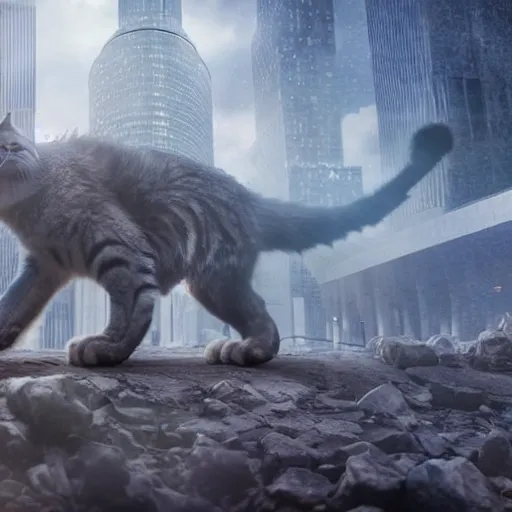 Image similar to giant cat invading detroit, dslr, 8 k, octane beautifully detailed render, detailed lighting, cinematic lighting, detailed photo, masterpiece, volumetric lighting, ultra realistic, highly detailed, high quality, lossless, photorealistic