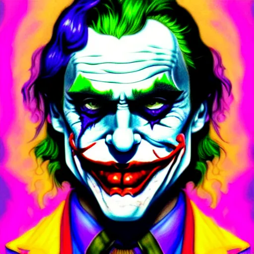Image similar to An extremely psychedelic portrait of The Joker, surreal, LSD, face, detailed, intricate, elegant, lithe, highly detailed, digital painting, artstation, concept art, smooth, sharp focus, illustration