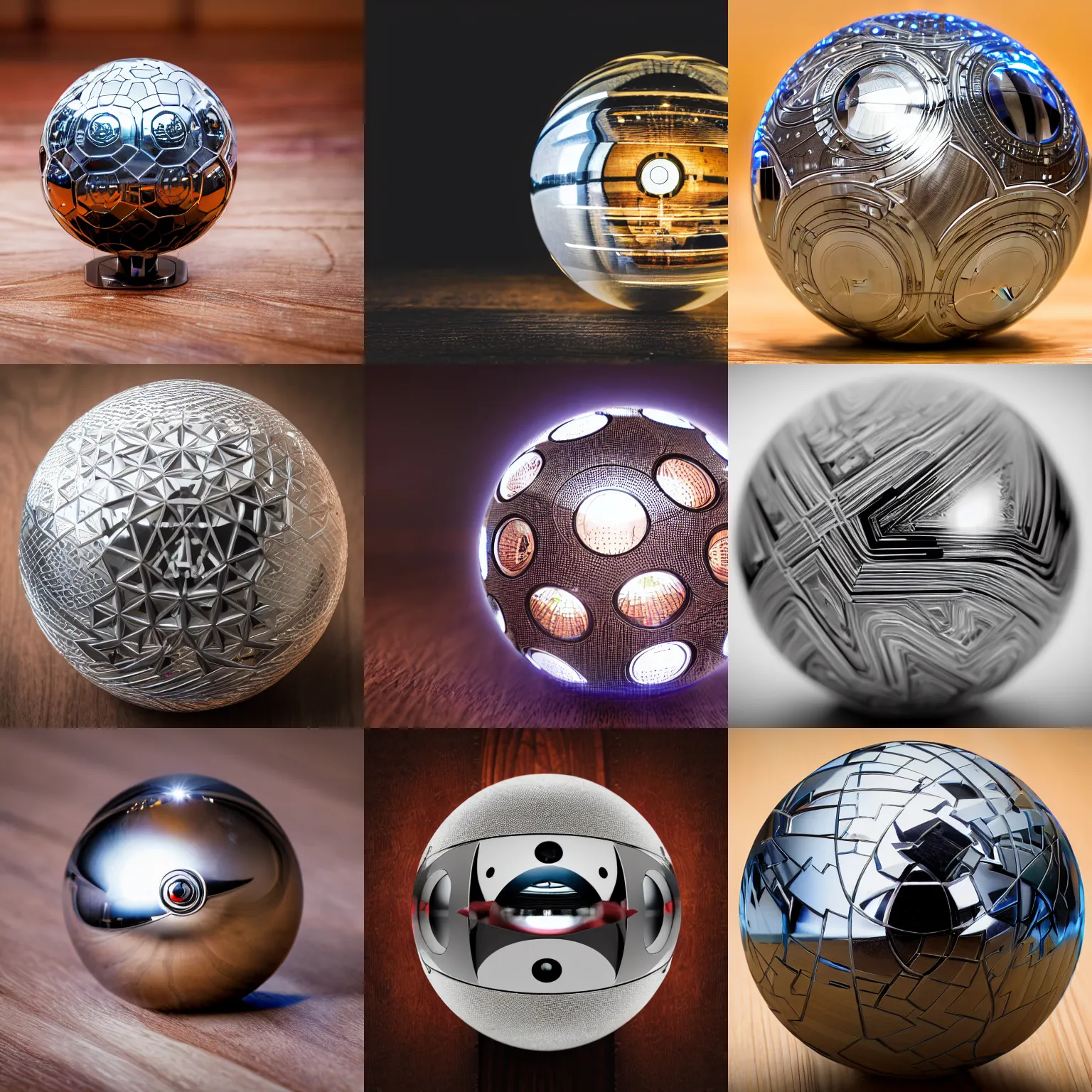 Prompt: A studio photograph of a futuristic high-tech intricate engraved chrome Pokeball with LEDs laying on wood grain, XF IQ4, 150MP, 50mm, F1.4, ISO 200, 1/160s, natural light, Adobe Lightroom, photolab, Affinity Photo, PhotoDirector 365