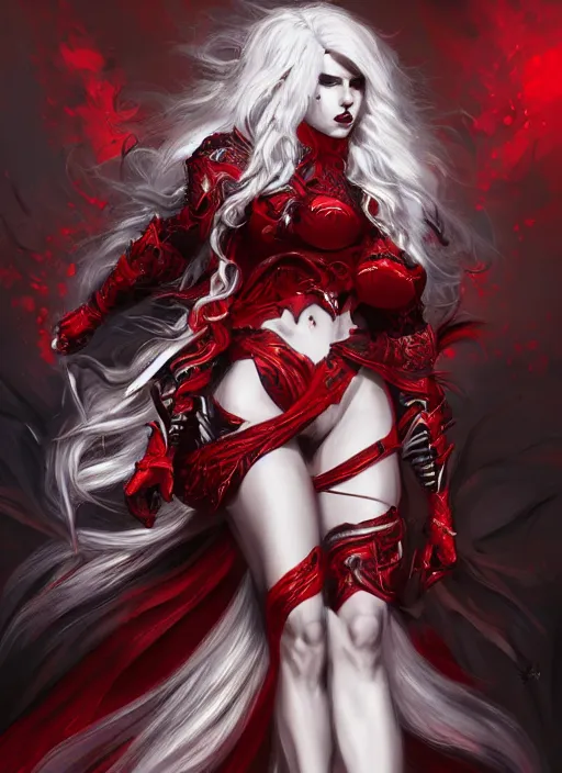 Prompt: a highly detailed illustration of fierce beautiful long white haired horned demon woman wearing red and black battle dress, dramatic imposing pose, intricate, elegant, highly detailed, centered, digital painting, artstation, concept art, smooth, sharp focus, league of legends concept art, wlop.