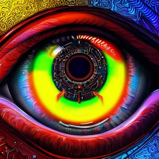 Image similar to Cybernetic Eye with intricate reflections, colorful, fantasy, vivid colors, concept art, sharp focus, digital art, Hyper-realistic, 4K, Unreal Engine, Highly Detailed, HD, Dramatic Lighting by Brom, trending on Artstation