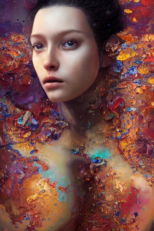 Prompt: close - up portrait of beautiful girl by irakli nadar with intricate detailed color smashing fluid oilpaint, color leaves, melting wax, broken mirror, fluid acrilic, thin fractal tendrils, ruan jia, wlop. scifi, fantasy, hyper detailed, octane render, concept art, by peter mohrbacher, by gustav klimt,