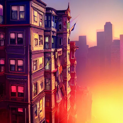 Image similar to a photograph of the painted ladies in san francisco foggy zombies artstation cyberpunk dreamscape high definition