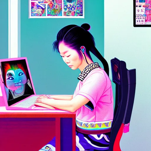 Image similar to full view of indigenous taiwanese girl studying at her computer, in the year 2 0 4 0, style of yoshii chie and hikari shimoda and martine johanna, highly detailed