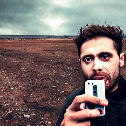 Image similar to a human taking the last selfie in existence with an apocalyptic background and horror in their eyes