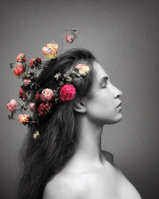 Prompt: a woman's face in profile, long hair made of flowers and vines and fruit, in the style of the Dutch masters and Gregory Crewdson, dark and moody