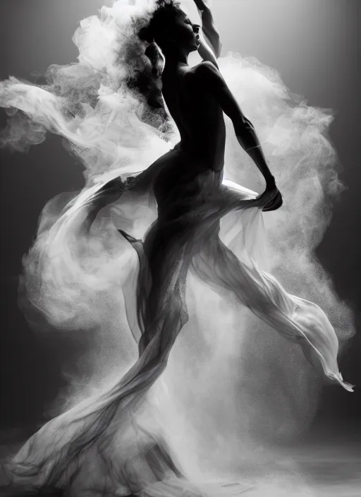 Image similar to a Photorealistic dramatic hyperrealistic render of a glamorous beautiful Female smoke dancer by Ken Brower and Deborah Ory of NYC Dance project,Lois Greenfield,Flowing cloth and smoke,Beautiful dynamic dramatic dark moody lighting,volumetric,shadows,cinematic atmosphere,Octane render,8K