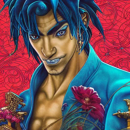 Image similar to portrait closeup of crazy aladdin genie, symmetrical, by yoichi hatakenaka, masamune shirow, josan gonzales and dan mumford, ayami kojima, takato yamamoto, barclay shaw, karol bak, yukito kishiro