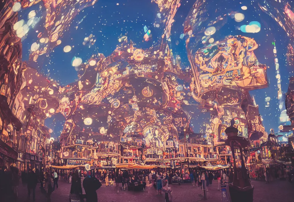 Image similar to 3 d 🎠 popping out of curved screen, town square, volumetric lighting, bokeh, creterion collection, shot on 7 0 mm, instax