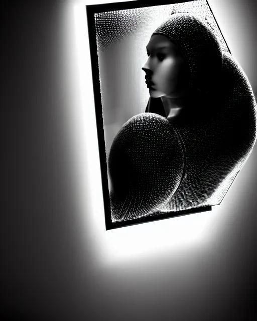 Image similar to black and white high quality photo of a female AI-queen-dragon-meshes-mannequin-cyborg looking into a sci-fi mirror, volumetric lighting, brutalism, foggy, dreamy, hyperdetailed, bokeh, photorealistic, cinematic, masterpiece, elegant, dark, by Man Ray in the style of Horst P. Horst, octane render, 8K,