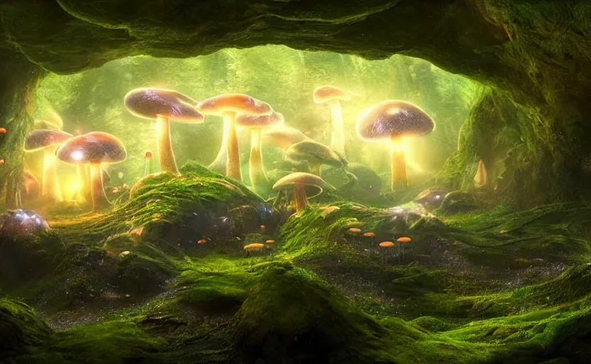 Image similar to a beautiful and stunning professional digital artwork of a glowing mushroom cave, haze, spores floating in the air, waterfall, volumetric lighting, hyperrealistic, rtx on, ultra detail