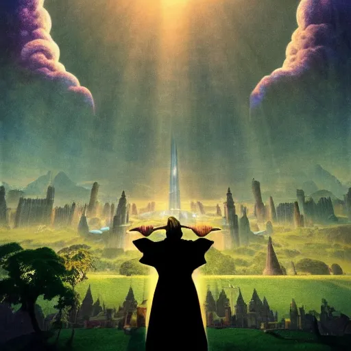 Image similar to a magical wizard in front of a big and mystical of a big and structured fantasy kingdom city, god rays, giant tree, portal to outer space Maxfield Parrish, digital art 8k, trending on artstation, anime, unreal engine