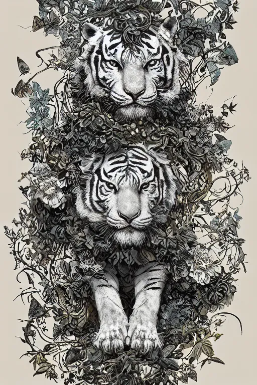 Image similar to ultra realistic full - body white tiger wrapped in vines and white flowers + black paper + elements + white + gold + cyan + baroque + rococo + ink, marc simonetti, paul pope, peter mohrbacher, detailed, intricate ink illustration