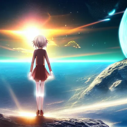 Prompt: advanced digital anime art, anime girl named Lucy the god of time standing on An asteroid floating in space containing a vibrant futuristic technologically advanced utopian city with skyscrapers and flying drones, the beautiful landscape is backlit by sunlight. Cinematic, Award winning, ultra high resolution, intricate details, UHD dramatic, cinematic lighting, MCU, mid-shot, highly detailed, trending on pixiv, Unreal Engine 4k, depth of field, Artgerm, WLOP, Rossdraws, James Jean, Andrei Riabovitchev, Ilya Kuvshinov, Hayao Miyazaki, Kazuma Kaneko, Alphonse Mucha, Marc Simonetti, and Sakimichan