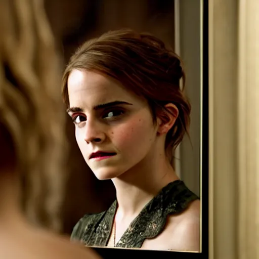 Image similar to emma watson looking in the mirror, dark, intricate, highly detailed, 4 k photorealistic