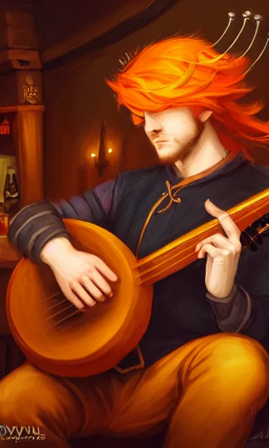 Image similar to a bard playing his lute in a pub, d & d, orange hair, portrait, sharp focus, fantasy, digital art, concept art, dynamic lighting, epic composition, by emylie boivin, rossdraws