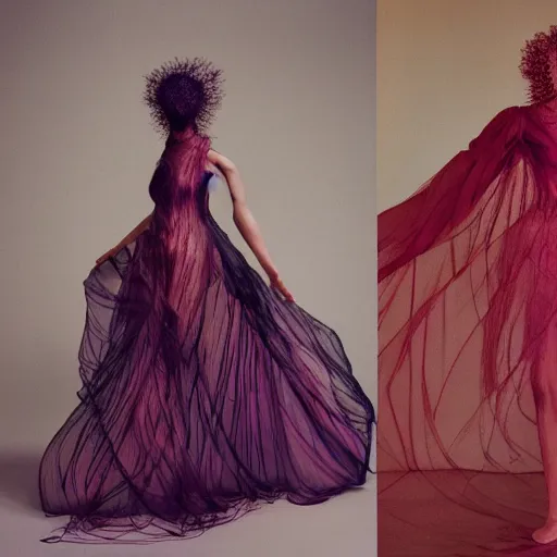 Image similar to Fashion photography of a woman wearing a dress inspired by a jellyfish, artistic photography, insanely detailed, chiaroscuro, cinestill 800t, Vogue magazine