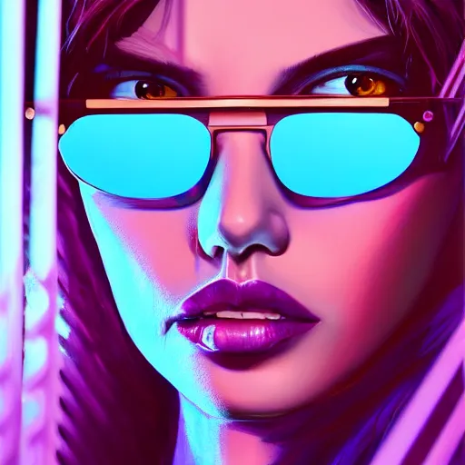 Prompt: closeup painting of a very beautiful young mexican cyberpunk woman with a smirk, wearing light blue venetian blind shades and a purple coloured leather jacket, one side haircut, long brown hair with light blue ends, portrait, hyperdetailed, artstation, cgsociety, 8 k, synthwave!!! image