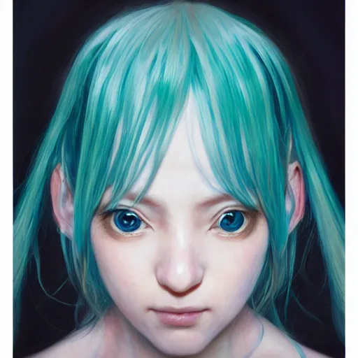 Prompt: cinematic portrait of hatsune miku, intricate, elegant, by alyssa monks, highly detailed, symmetrical face, fine details, masterpiece, trending on artstation