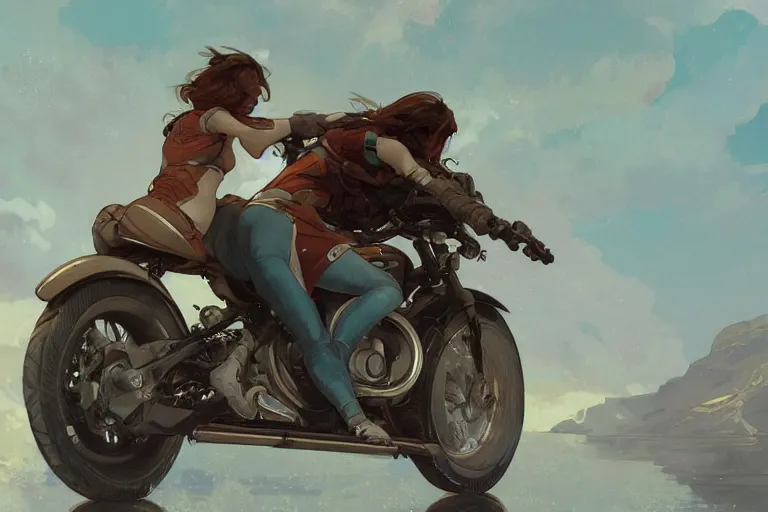 Image similar to a girl is riding a motorbike, digital painting, artstation, the space background,concept art, sharp focus, illustration, art by Krenz Cushart and Artem Demura and alphonse mucha