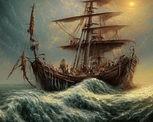 Prompt: death is swallowed up in victory, very detailed and beautiful portrait of a perfect storm, artwork by artgerm, skeletons on a pirate ship, sail made of human skin, ghosts commanding the ship, spirits, wide angle, full body, fantasy, highly detailed, digital painting, artstation, smooth, sharp focus, art by thomas kinkade and william turner and claude joseph vernet