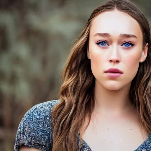 Prompt: a portrait of alycia debnam carey closed mouth-smile while posing for photo, award winning photograph, HDR, natural lighting, shot on nikon z9, depth of field, f/1.8,