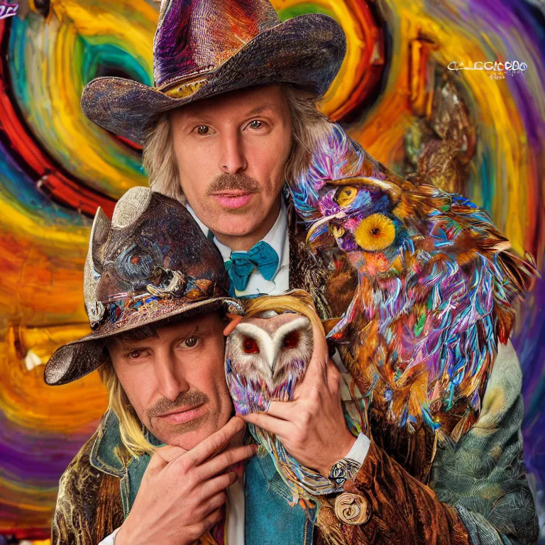 Image similar to high fashion photoshoot octane render portrait by wayne barlow and carlo crivelli and glenn fabry, a distinguished psychedelic cowboy wearing a colorful wes anderson designed cowboy costume and holding a barn owl inside a high - end exotic colorful pastel vintage boutique hotel lounge, very short depth of field, bokeh