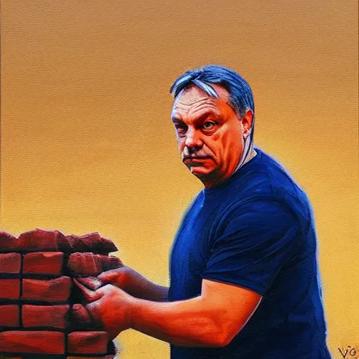 Prompt: viktor orban laying bricks, oil painting