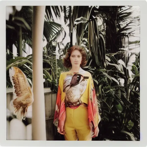 Image similar to head to shoulder portrait Polaroid film photograph of an elegant top model wearing a yellow kimono with a very detailed barn owl on her shoulder!!! in a tropical greenhouse. looking at the camera!!. super resolution. Polaroid 600 film. art by Lili Cranberrie and Cristina Fontsare