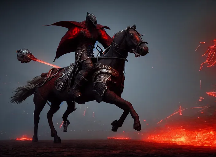 Image similar to hell knight riding a horse into battle, highly detailed, 4 k, hdr, award - winning, octane render, artstation