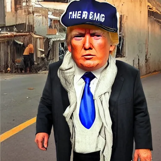 Image similar to donald trump dressed as a homeless man living in the slums