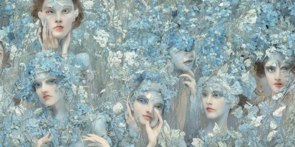 Image similar to breathtaking detailed concept art painting art deco pattern of faces goddesses amalmation light - blue flowers with anxious piercing eyes and blend of flowers and birds, by hsiao - ron cheng and john james audubon, bizarre compositions, exquisite detail, extremely moody lighting, 8 k