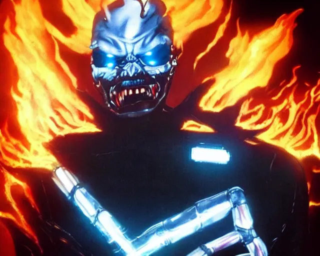 Image similar to Jack Nicholson plays Terminator Pikachu cyborg hybrid wearing leather jacket and his endoskeleton is visible his eye glows red, walking out of flames