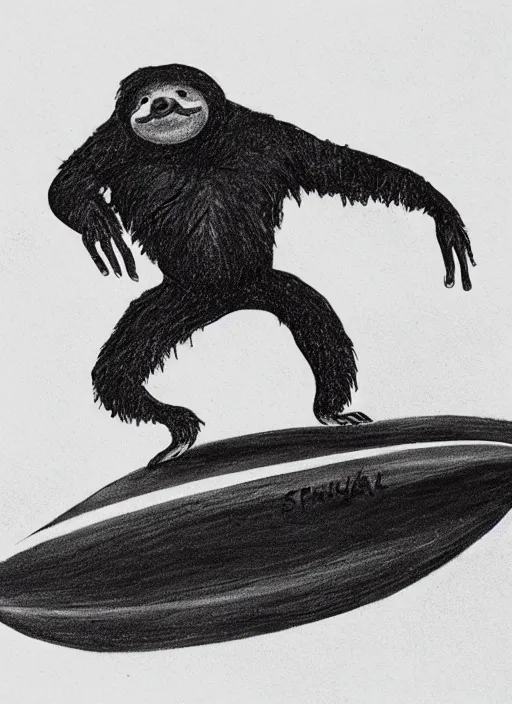 Image similar to black ink drawing of sloth riding surfboard