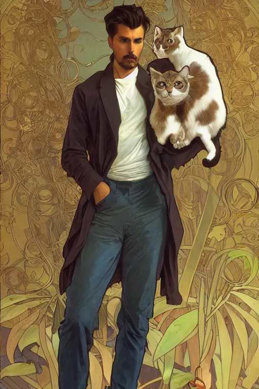 Prompt: full body portrait of a single beautiful young fit man, modern haircut, open shirt, large pants, holding a detailed photorealistic cat on a arm. by greg rutkowski and alphonse mucha, d & d character, in front of a modern room background, highly detailed portrait, digital painting, artstation, concept art, smooth, sharp focus illustration, artstation hq