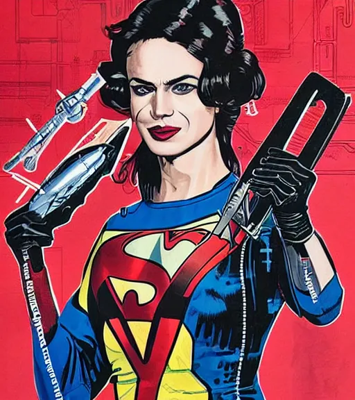 Image similar to portrait of a female inventor holding a wrench, by dc comics and sandra chevrier