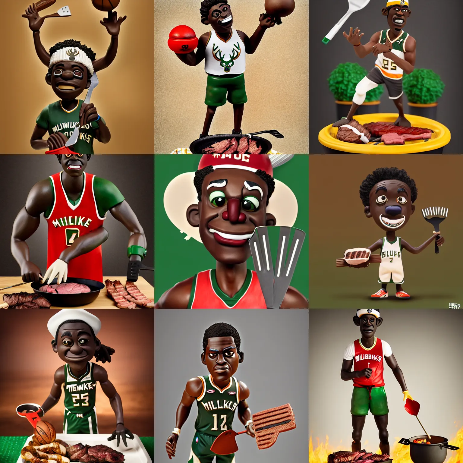 Prompt: milwaukee bucks jrue holiday grilling meat, bbq cookout, holding spatula, claymation art, trending on artstation