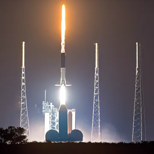 Prompt: Nighttime launch of the Space Launch System from LC-39B at Kennedy Space Center, 2025