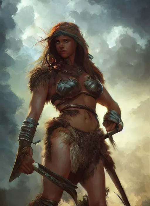 Image similar to hyper realistic photography of prehistoric barbarian paladin girl, full body, rule of thirds, conceptart, saturated colors, cinematic, vallejo, frazetta, greg rutkowski, royo, rowena morrill, juan gimenez