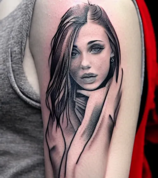 Image similar to tattoo design sketch of a beautiful girl with a faded mountain background, in the style of den yakovlev, black and white, realism tattoo, hyper realistic, highly detailed