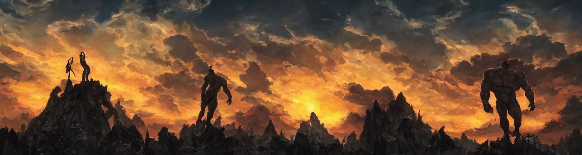 Image similar to dramatic sunset and dramatic sky , lone muscular creature in the middle looks at the sun , painting by frazetta, low angle perspective, postapocalyptic panorama.asthetics !