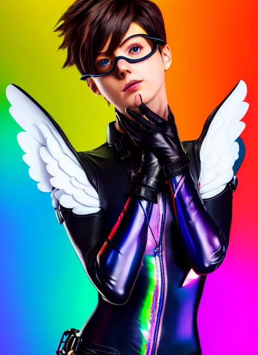 Image similar to portrait bust digital artwork of tracer overwatch, wearing iridescent rainbow latex and leather straps catsuit outfit, 4 k, expressive happy whistling face, makeup, in style of mark arian, angel wings, wearing detailed leather collar, chains, black leather harness, detailed face and eyes,